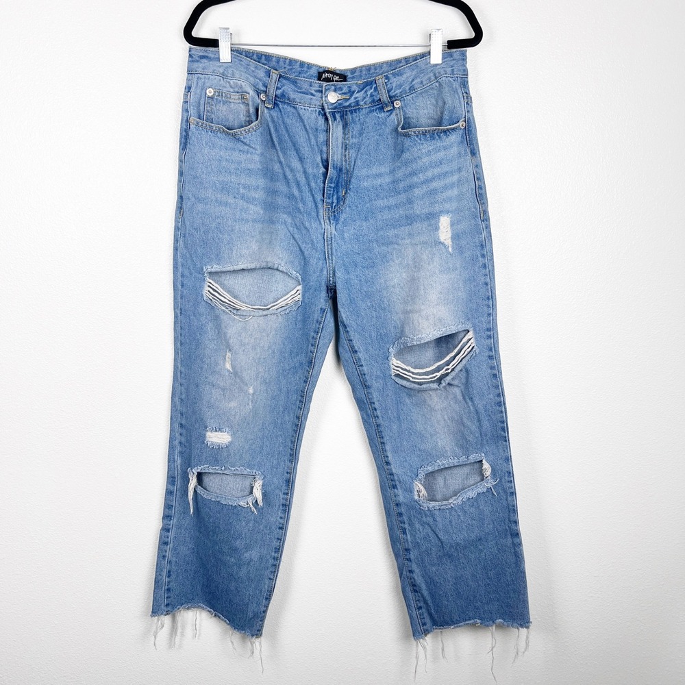 Nasty Gal Womens Distressed Wide Leg Jeans High Rise Blue Raw Hem Size 16W
